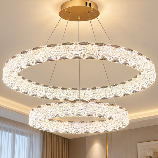 SHELP Crystal LED Chandelier with remote control, 64W, Warm/Neutral/Cold Light, Φ60 cm, Adjustable Height, Metal and Crystal, Gold