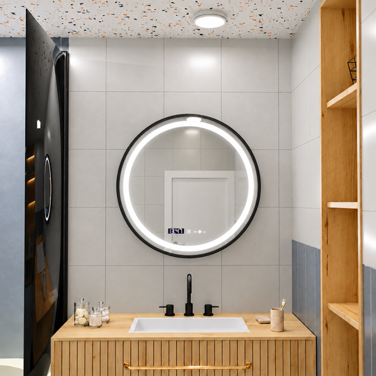 LED Round Mirror, 80cm, Celeste Majesté Noir MotionGlow Marcello, Demister System, Clock & Thermometer, Dimmable