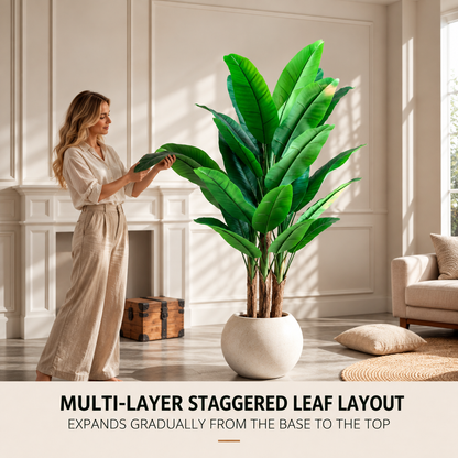 Artificial Banana Tree Plant, 190 cm, 3 stems, 27 leaves, Green, with Pot