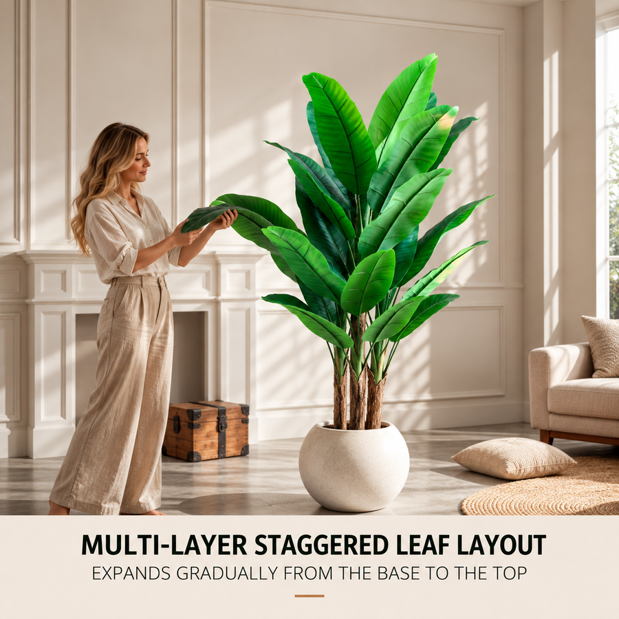 Artificial Banana Tree Plant, 190 cm, 3 stems, 27 leaves, Green, with Pot