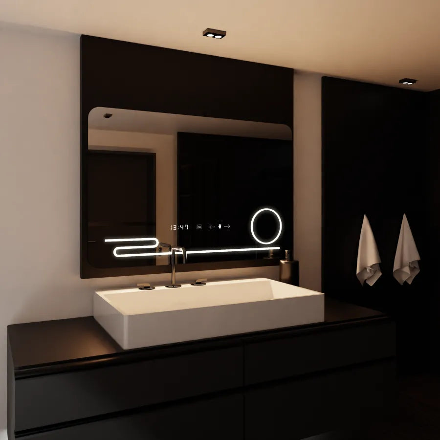 Mirror LED rectangular 100x60cm Harmonie Motionglow Marcello Dismantic Clock Defrosting System
