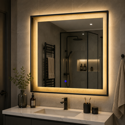 NUK LED Mirror, 70x70cm, 12W, Black, Sensor, Light 3000K, 4000K, 6000K, Demister System, Metal, Clock and Temperature Functions