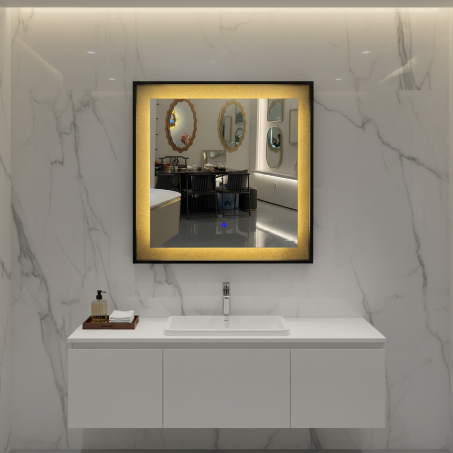 NUK LED Mirror, 70x70cm, 12W, Black, Sensor, Light 3000K, 4000K, 6000K, Demister System, Metal, Clock and Temperature Functions