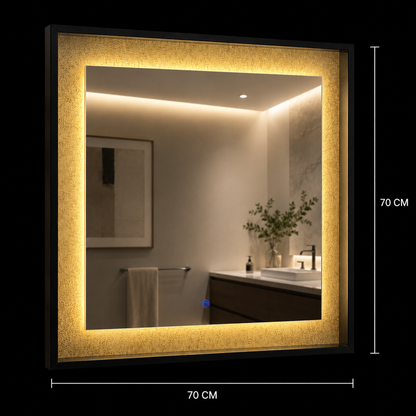 NUK LED Mirror, 70x70cm, 12W, Black, Sensor, Light 3000K, 4000K, 6000K, Demister System, Metal, Clock and Temperature Functions