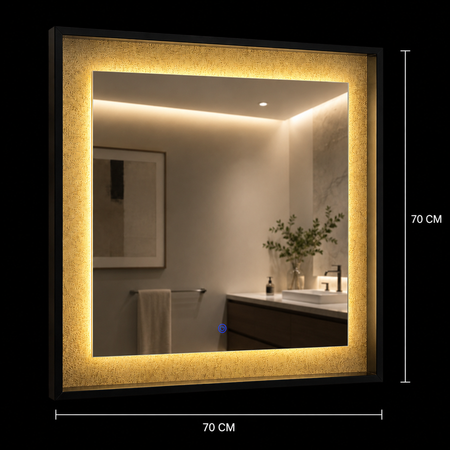 NUK LED Mirror, 70x70cm, 12W, Black, Sensor, Light 3000K, 4000K, 6000K, Demister System, Metal, Clock and Temperature Functions