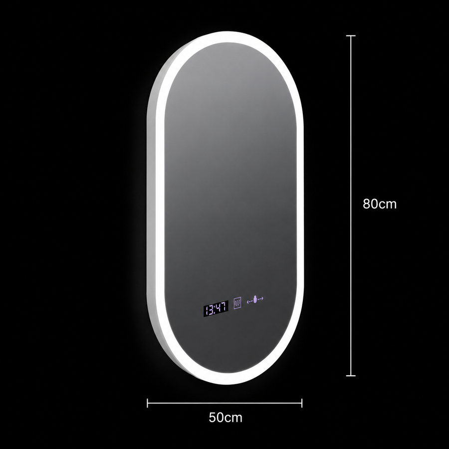 Oval LED mirror, 50x80cm, Lucia Sensor Marcello, Demister System, Clock & Thermometer, Dimmable