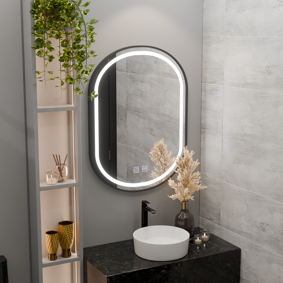 Oglinda LED Ovala 60x80cm VETRO Touch Sistem Dezaburire Dimabila, Rama Neagra Oglinzi Korman E Default Title Alessandro Design