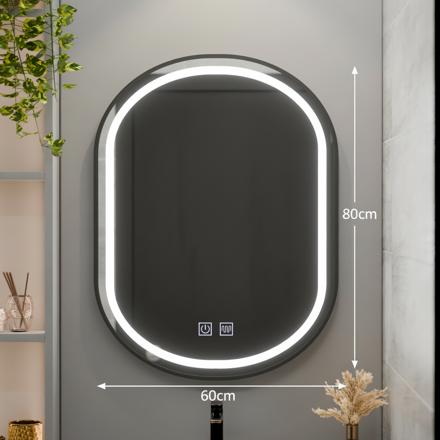 LED Oval Mirror 60x80cm VETRO Touch Dimmable Demister System, Black Frame