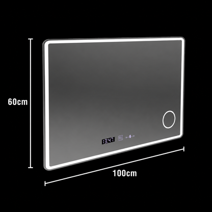 Rectangular LED mirror 100x60 Aura Riflesso Puro MotionGlow Marcello, Demister System, Clock, Dimmable