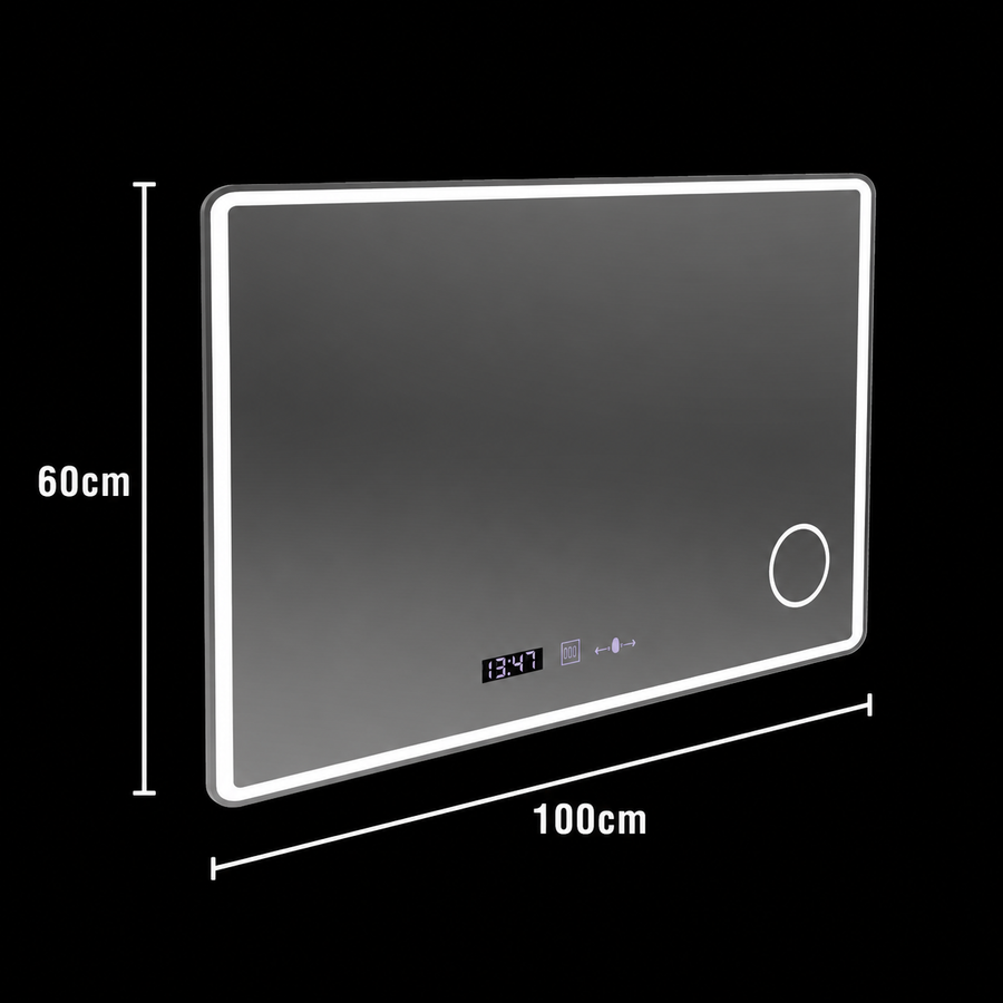 Rectangular LED mirror 100x60 Aura Riflesso Puro MotionGlow Marcello, Demister System, Clock, Dimmable