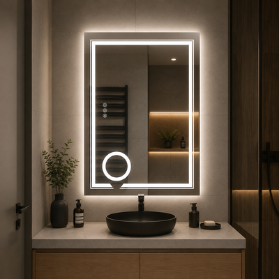 Rectangular LED mirror, 50x70cm, CANTO Touch, Demister System, Dimmable