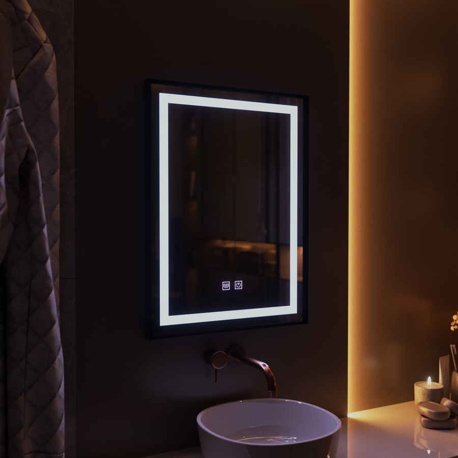 Rectangular LED mirror, 60x80cm, EDGE Touch, Demister System, Black Frame