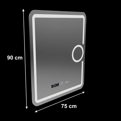 Rectangular LED mirror, 75x90cm, Eclat MotionGlow Marcello, Demister System, Clock & Thermometer, Cosmetic Magnifier, Dimable