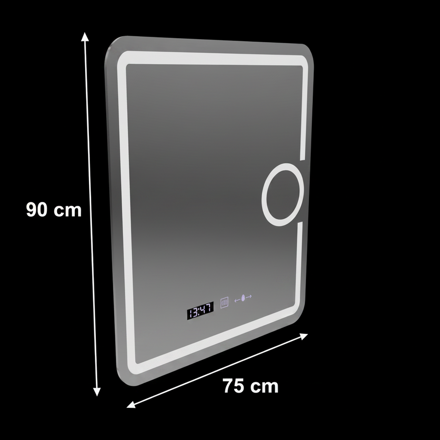 Rectangular LED mirror, 75x90cm, Eclat MotionGlow Marcello, Demister System, Clock & Thermometer, Cosmetic Magnifier, Dimable
