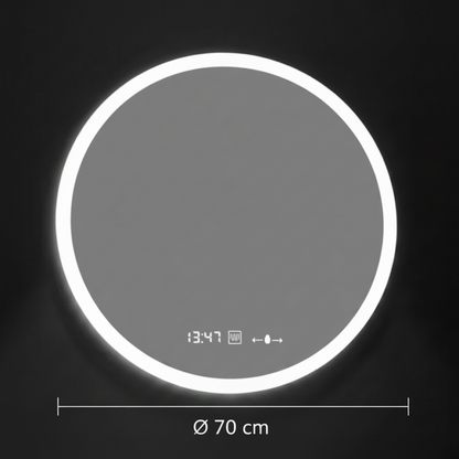 GIULIA Round LED mirror, 70cm, MotionGlow sensor, Demister System, Clock & Thermometer, Dimable, Marcello Funghi