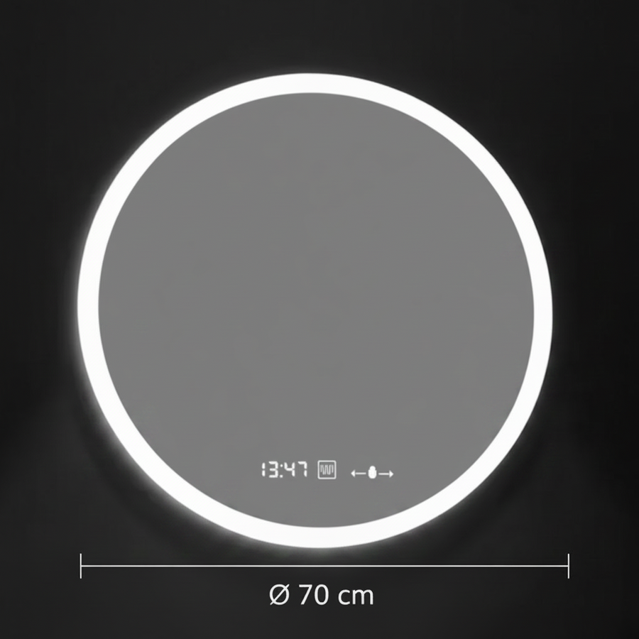 GIULIA Round LED mirror, 70cm, MotionGlow sensor, Demister System, Clock & Thermometer, Dimable, Marcello Funghi