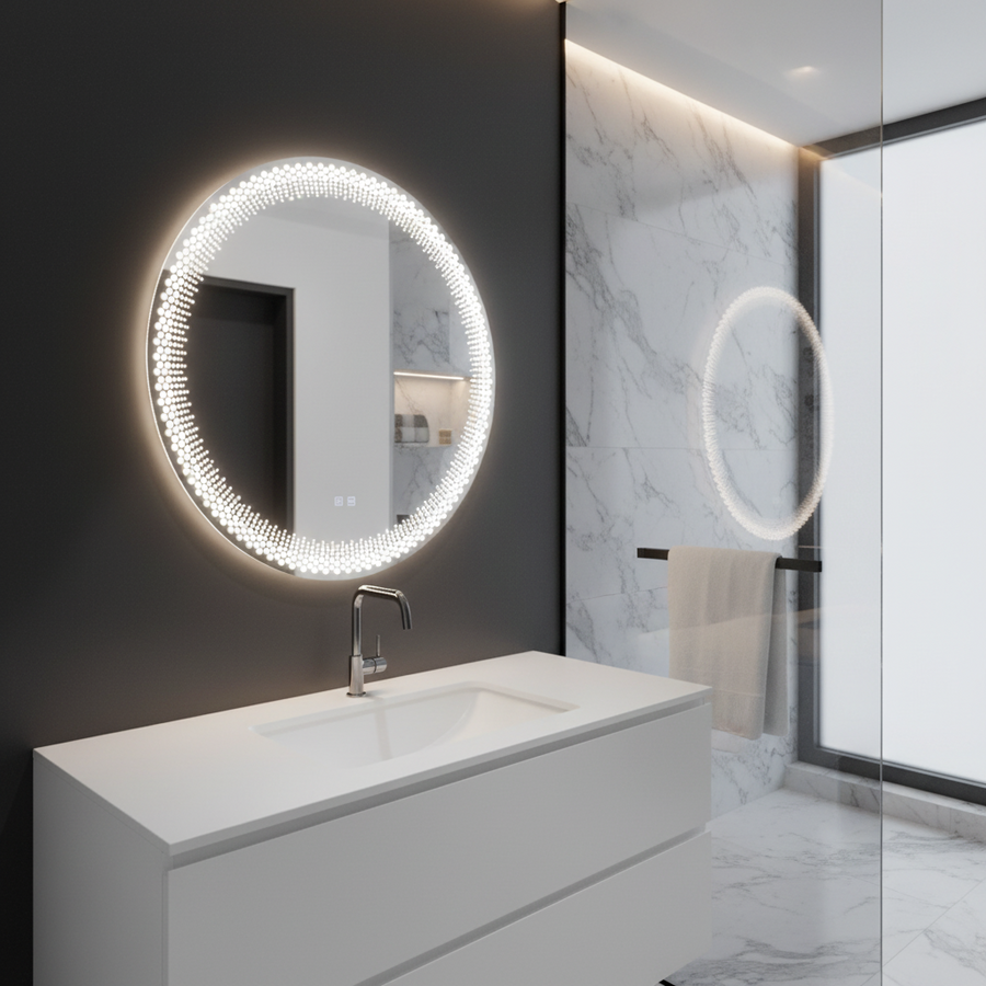 Nexos Round LED Mirror, 60cm, 24W, Warm/Cold/Neutral Light, Sensor, Demister System, Clock, Dimmable