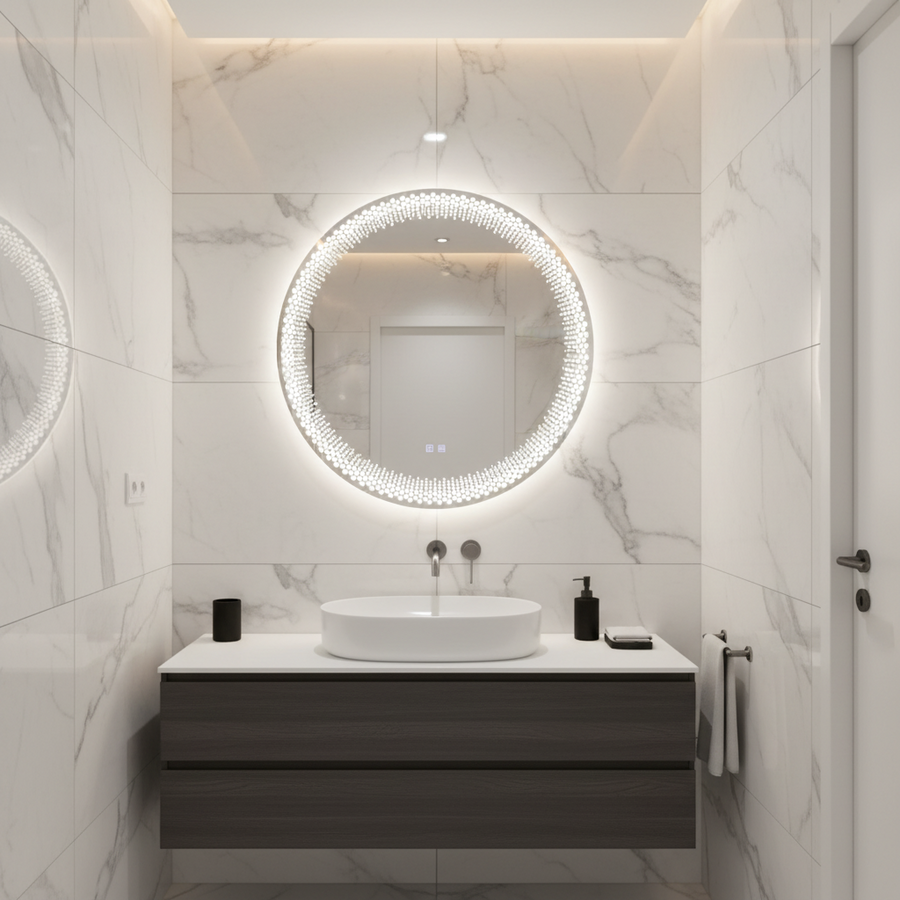 Nexos Round LED Mirror, 60cm, 24W, Warm/Cold/Neutral Light, Sensor, Demister System, Clock, Dimmable