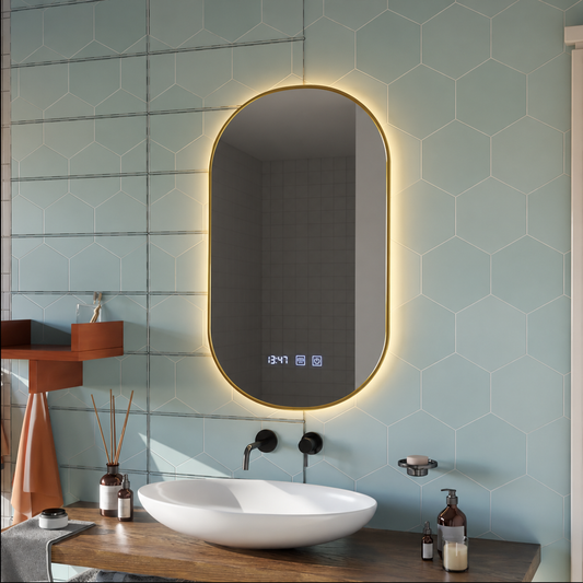 Konrad LED Touch Mirror Demist System, Clock and Temperature 50x80 cm Brushed Gold Frame, Warm Neutral Cold Light 3000K/4000K/6000K