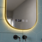 Konrad LED Touch Mirror Demist System, Clock and Temperature 50x80 cm Brushed Gold Frame, Warm Neutral Cold Light 3000K/4000K/6000K