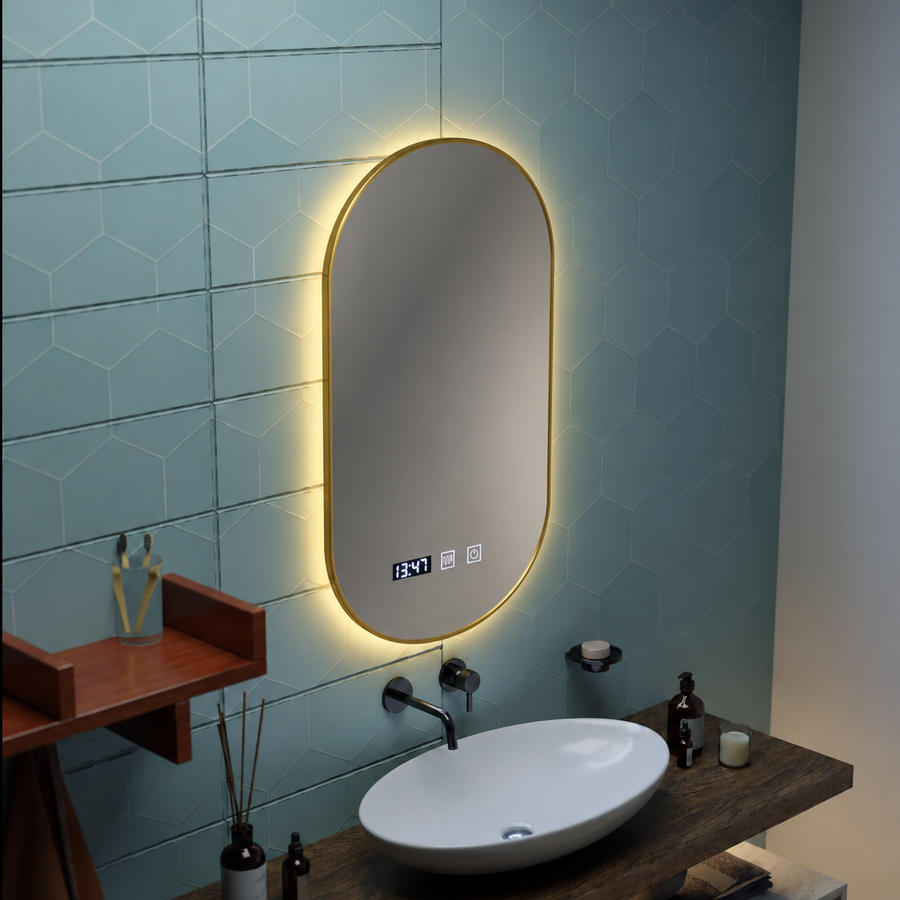 Konrad LED Touch Mirror Demist System, Clock and Temperature 50x80 cm Brushed Gold Frame, Warm Neutral Cold Light 3000K/4000K/6000K