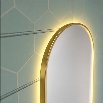Konrad LED Touch Mirror Demist System, Clock and Temperature 50x80 cm Brushed Gold Frame, Warm Neutral Cold Light 3000K/4000K/6000K