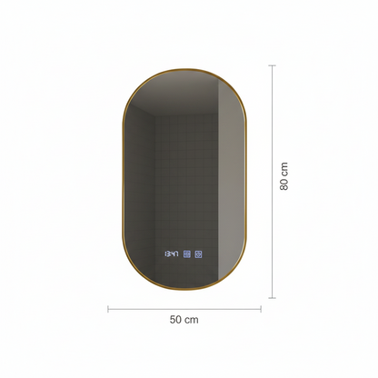 Konrad LED Touch Mirror Demist System, Clock and Temperature 50x80 cm Brushed Gold Frame, Warm Neutral Cold Light 3000K/4000K/6000K