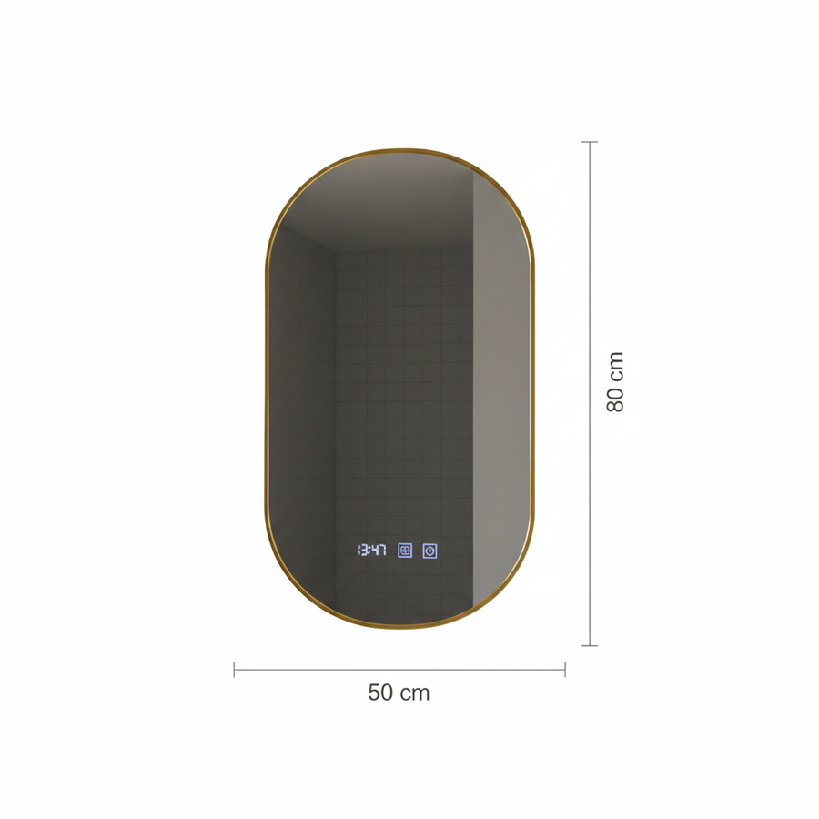 Konrad LED Touch Mirror Demist System, Clock and Temperature 50x80 cm Brushed Gold Frame, Warm Neutral Cold Light 3000K/4000K/6000K