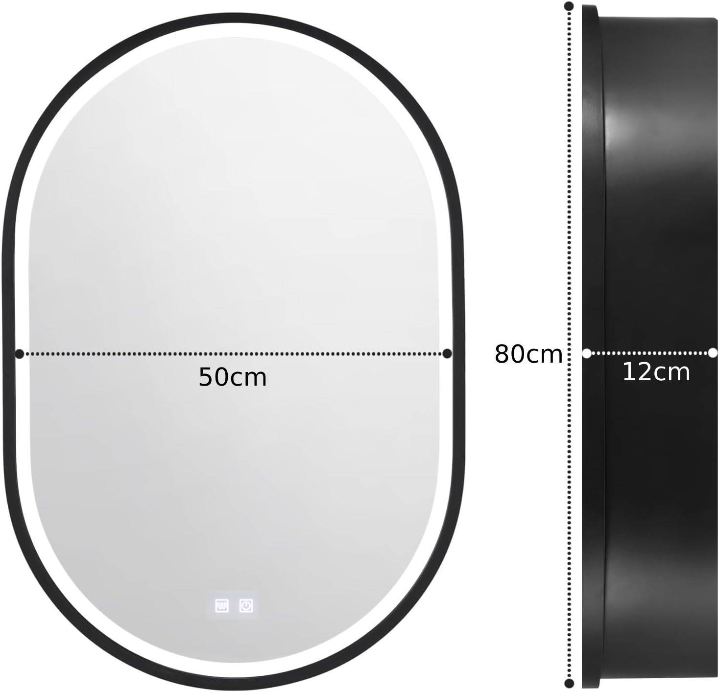 LED Mirror with Cabinet, Oval, 50x80cm, Demist, Cold/Warm/Neutral Light, Black Frame, Storage Space Cabinet Mirrors Default Title Alessandro Design