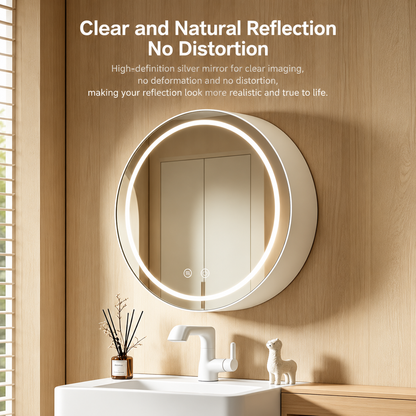 LED Mirror with Cabinet, Round, 10W, 50x50cm, Demist, Black Frame, Storage Space