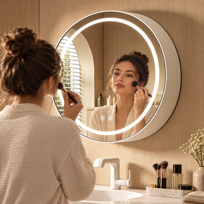 LED Mirror with Cabinet, Round, 10W, 50x50cm, Demist, Black Frame, Storage Space