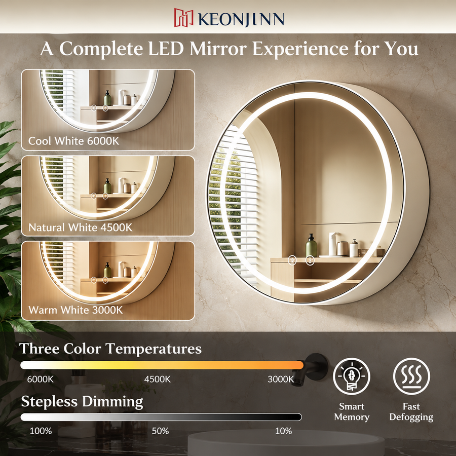 LED Mirror with Cabinet, Round, 10W, 50x50cm, Demist, Black Frame, Storage Space