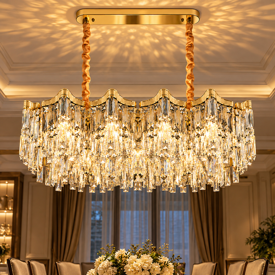 Crystal Chandelier VETRA Supremo 15xE14, 100x35 cm, Gold, Adjustable Height, Metal and Crystal