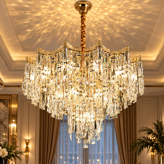 Crystal Chandelier VETRA Regalis 17xE14, D80 cm, Gold, Adjustable Height, Metal and Crystal