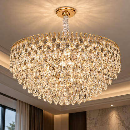 ERDENET Magno Crystal Chandelier, 12xE14, Diameter 60 cm, Metal and Crystal, Shiny Gold, Adjustable Height
