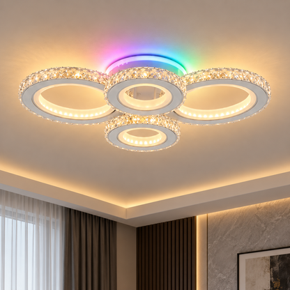 LED ceiling light with remote control and crystal NOVA ROTONDA RGB 82W, 4 Circles, Cold/Warm/Neutral light, Dimmable, White