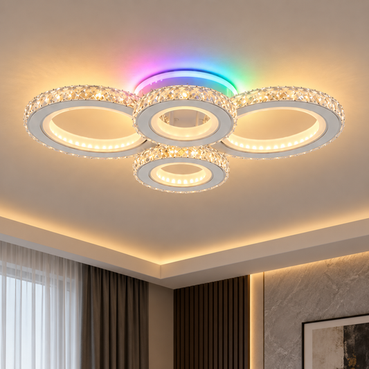LED ceiling light with remote control and crystal NOVA ROTONDA RGB 82W, 4 Circles, Cold/Warm/Neutral light, Dimmable, White