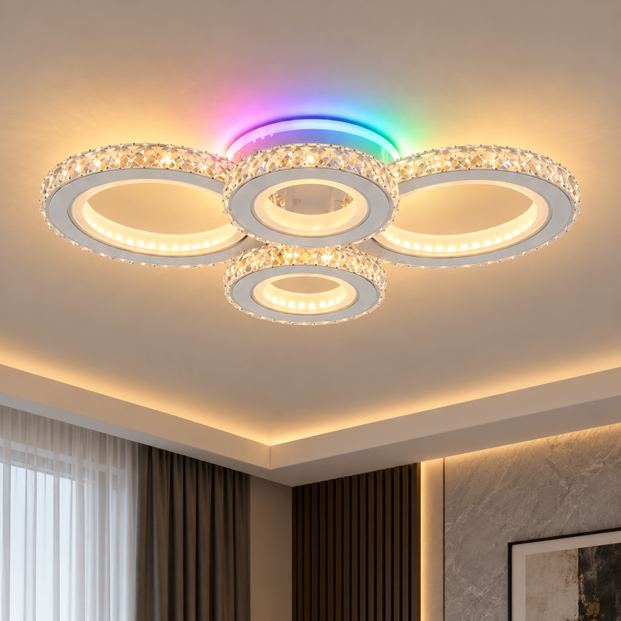 LED ceiling light with remote control and crystal NOVA ROTONDA RGB 82W, 4 Circles, Cold/Warm/Neutral light, Dimmable, White