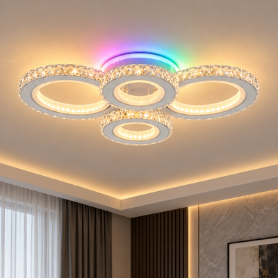 LED ceiling light with remote control and crystal NOVA ROTONDA RGB 82W, 4 Circles, Cold/Warm/Neutral light, Dimmable, White