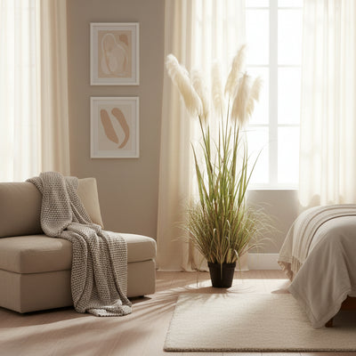 Artificial Plant Ornamental Grass, 180cm, with 5 strands, Reed and Grass, Green and Pink, No Pot