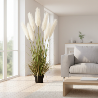 Artificial Plant Ornamental Grass, 220cm, with 7 strands, Reed and Grass, Green and White, No Pot