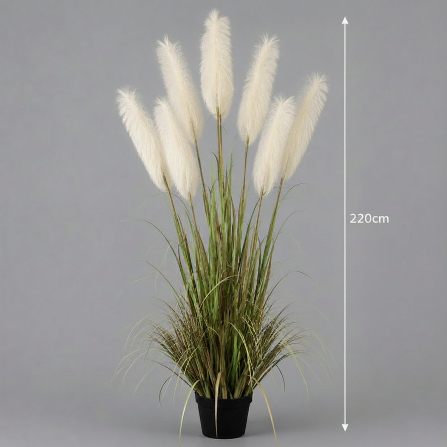 Plantă decorativă în ghiveci, 7 fire, 220cm, Stuf Artificial, Material Textil si Plastic, Verde si Alb