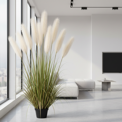 Artificial Plant Ornamental Grass, 240cm, with 9 strands, Reed and Grass, Green and Pink, No Pot