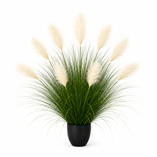 Artificial Ornamental Grass Plant, 110cm, 9 Stems, Reed and Grass, Light Green and White, No Pot