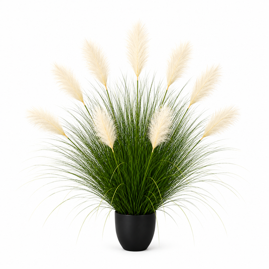Artificial Ornamental Grass Plant, 110cm, 9 Stems, Reed and Grass, Light Green and White, No Pot