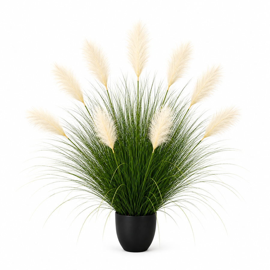 Artificial Ornamental Grass Plant, 110cm, 9 Stems, Reed and Grass, Light Green and White, No Pot
