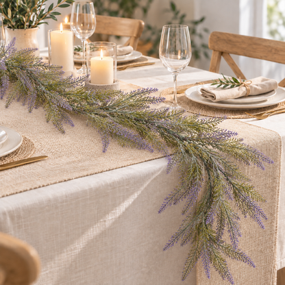Artificial Plant Decorative Lavender Garland, Voluminous Appearance, 183cm, 72 Branches, Green and Purple, Set of 2 Pieces