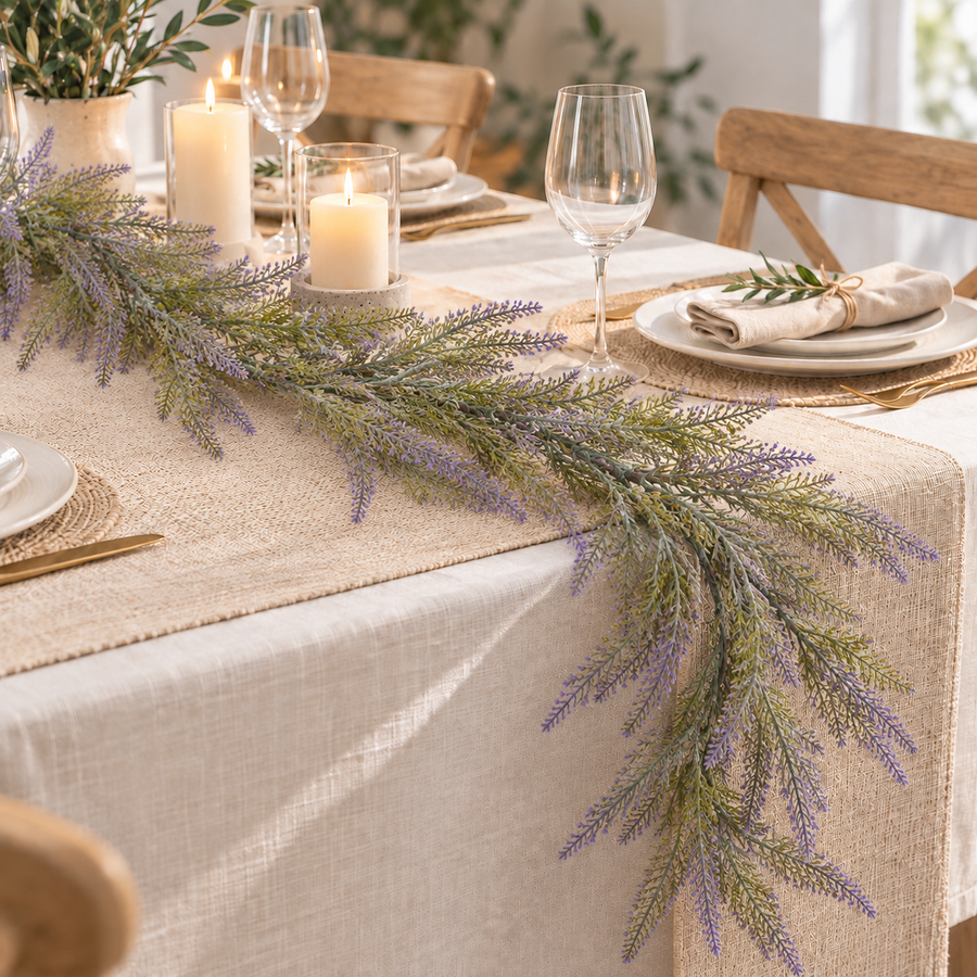 Artificial Plant Decorative Lavender Garland, Voluminous Appearance, 183cm, 72 Branches, Green and Purple, Set of 2 Pieces
