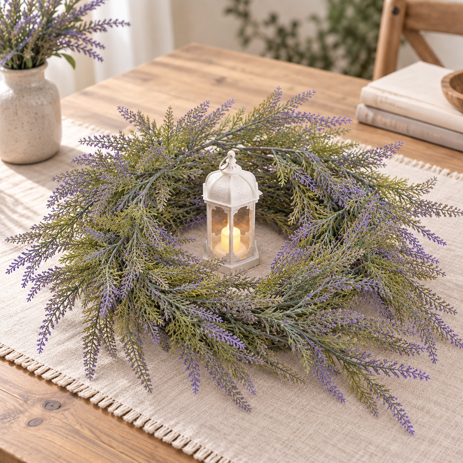 Artificial Plant Decorative Lavender Garland, Voluminous Appearance, 183cm, 72 Branches, Green and Purple, Set of 2 Pieces