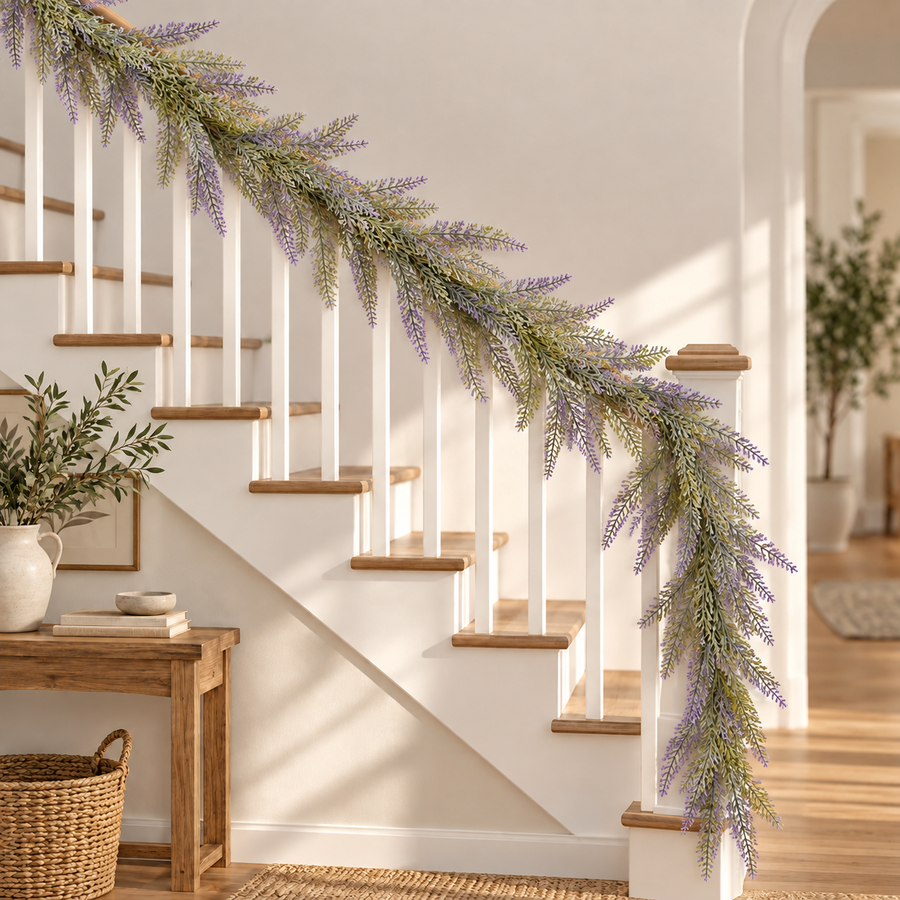 Artificial Plant Decorative Lavender Garland, Voluminous Appearance, 183cm, 72 Branches, Green and Purple, Set of 2 Pieces